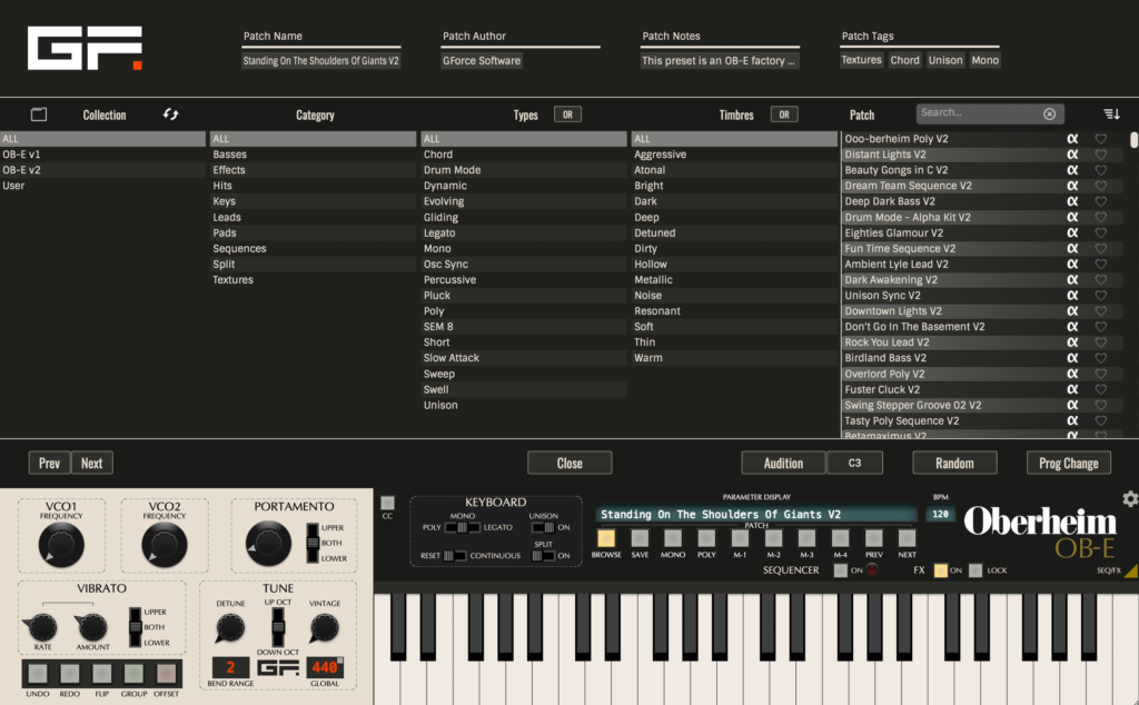 An image showing the new GForce OB-E v2.5 software synthesizer's preset browser, which now has hierarchical categorizations for sound Collections, Categories, Types and Timbres.  There are also ways to search via patch Name, Author, Notes about the sound, and by a wide range of Tags. 