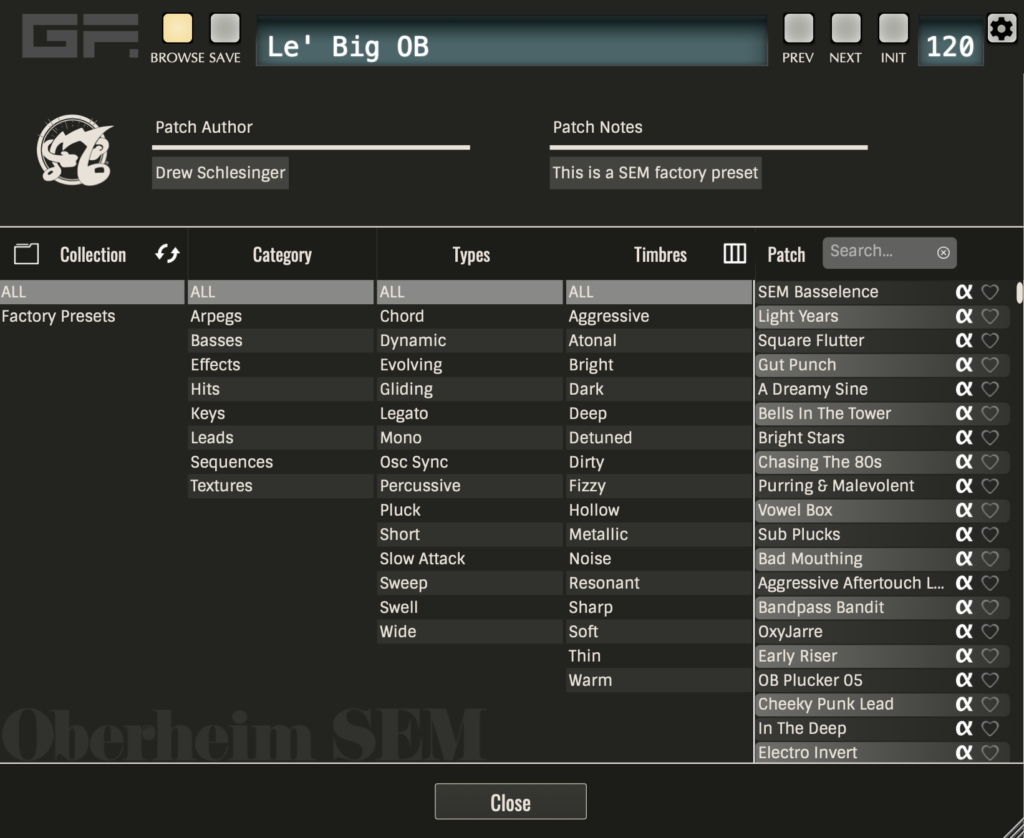 An image showing the new GForce SEM v1.5 software synthesizer's preset browser, which now has hierarchical categorizations for sound Collections, Categories, Types and Timbres.  There are also ways to search via patch Name, Author, and Notes about the sound.