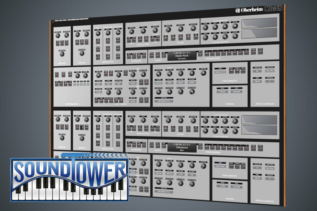 An image showing the graphical user interface of the SoundTower sound editing program for the Oberheim OB-X8 and the SoundTower logo.