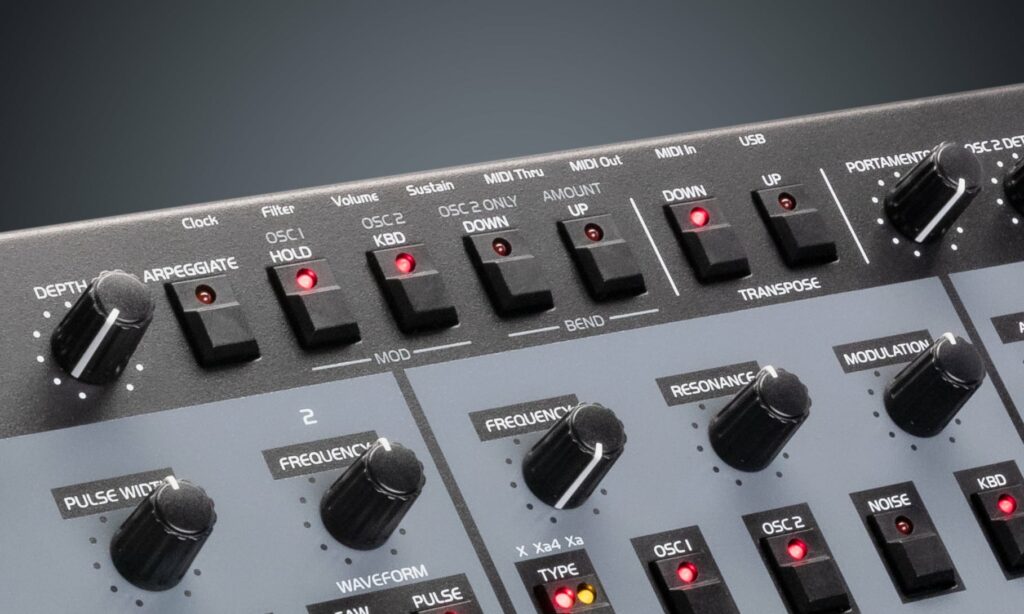 An Image of the OB-X8 Desktop Module top panel focusing in on the Arpeggiator section.
