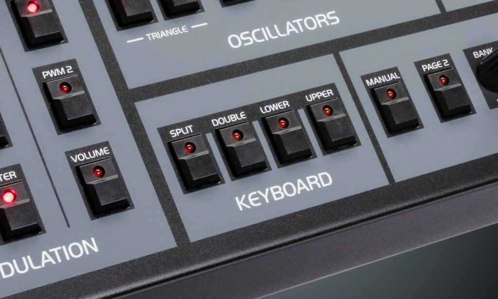 An Image of the OB-X8 Desktop Module top panel focusing in on the Keyboard section.