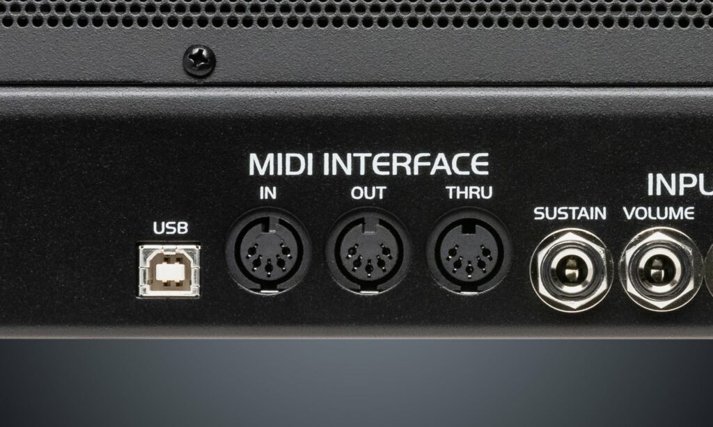An Image of the OB-X8 Desktop Module rear panel focusing in on the MIDI section.