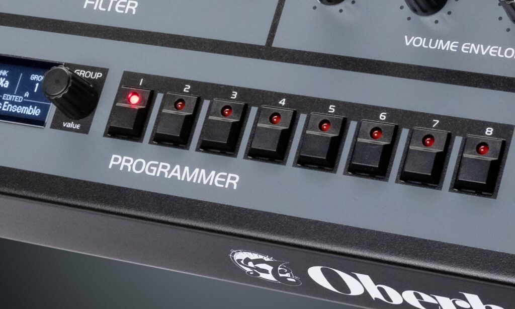 An Image of the OB-X8 Desktop Module top panel focusing in on the Programmer section.